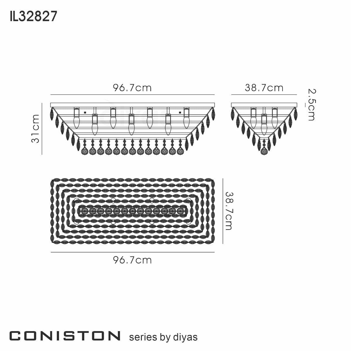 Diyas Coniston 11 Light Linear Bar Flush Ceiling Light in French Gold with Crystal