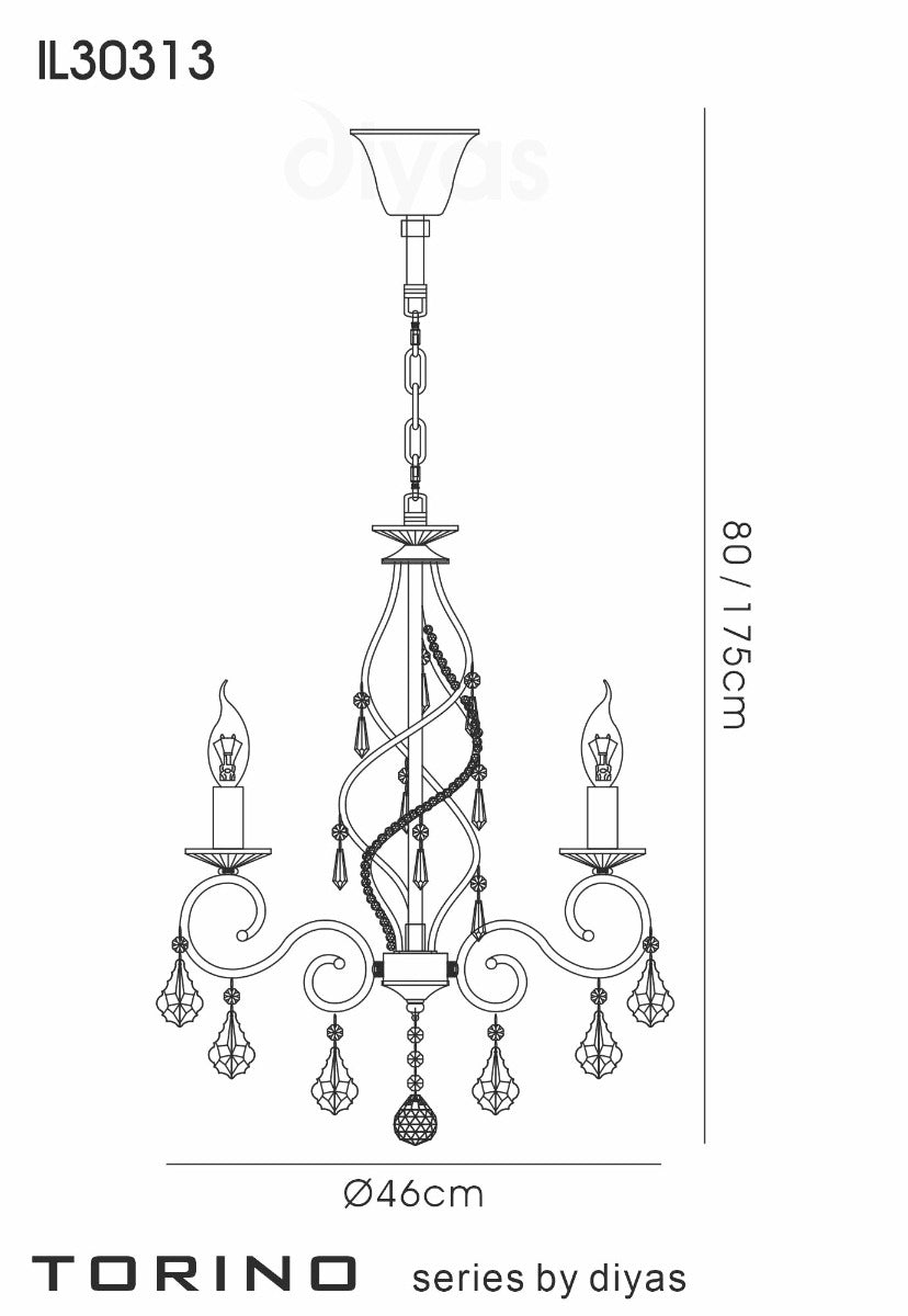 Diyas Torino 3 Light Pendant Light in Polished Chrome with Crystal