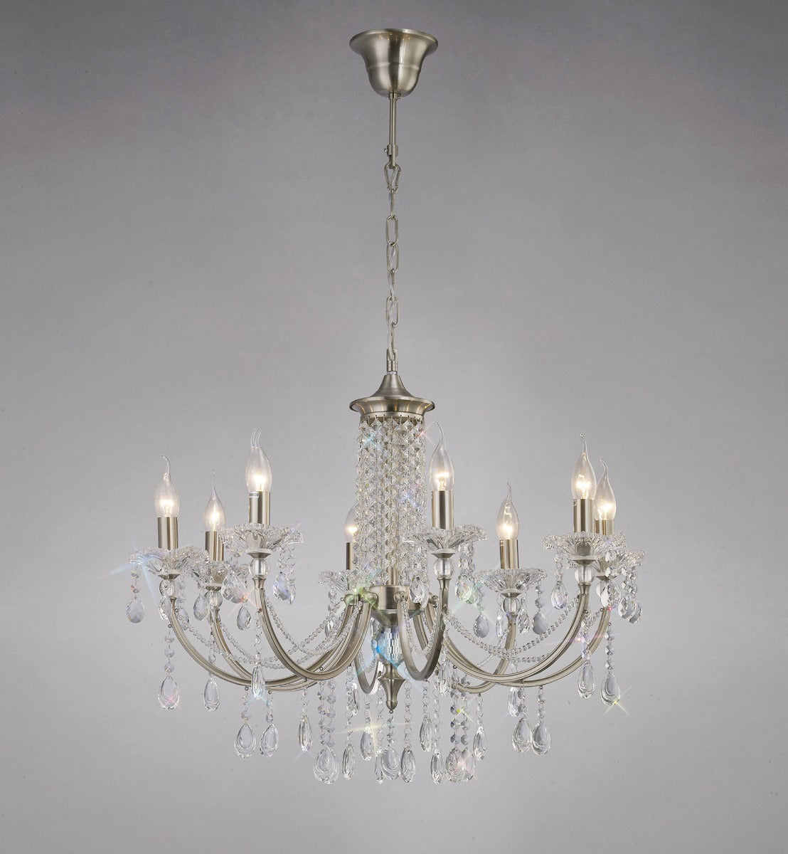 Diyas Leana 8 Light Pendant Light in Satin Nickel with Crystal
