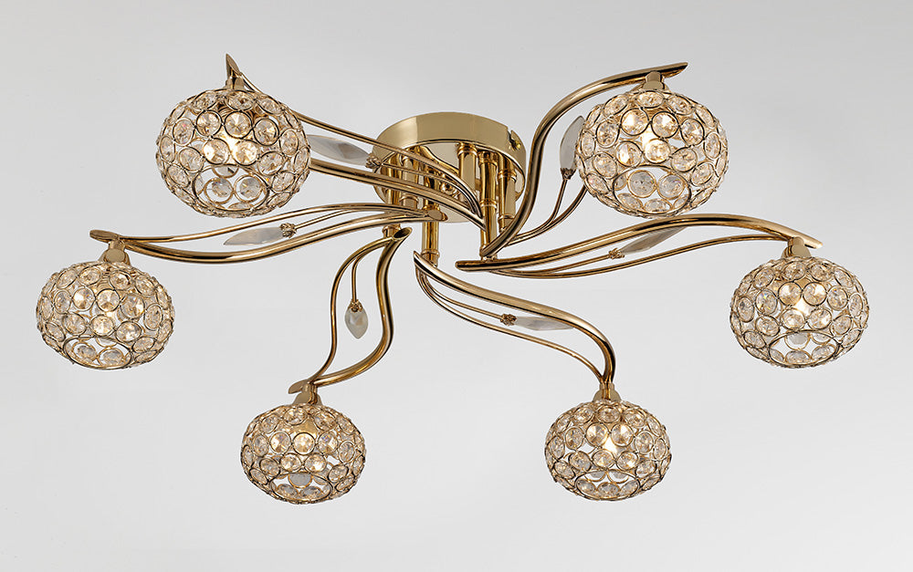 Diyas Leimo 6 Light Semi Flush Ceiling Light in French Gold with Crystal