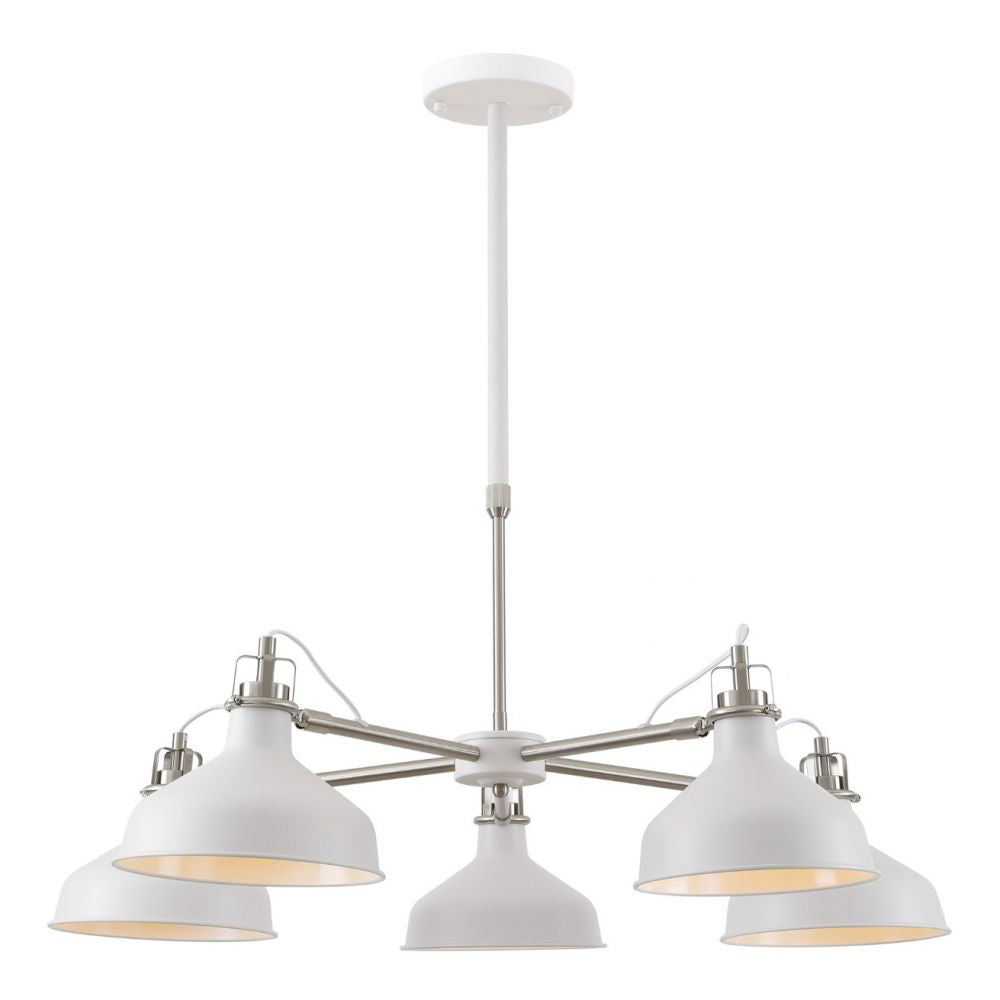 Regent Caen 5 Light Telescopic Pendant Light in Sand White and Satin Nickel with White Shade