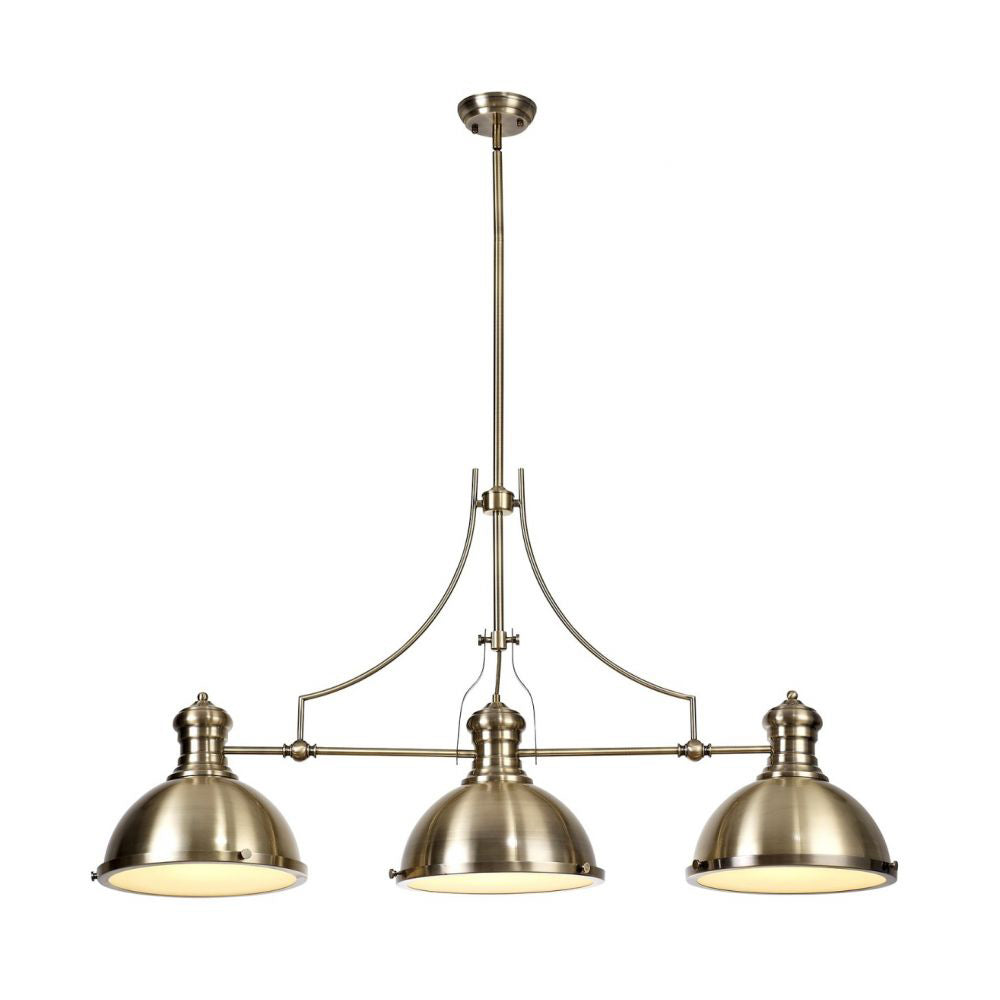 Regent Puteaux Linear3 Light Pendant Light in Antique Brass with Frosted Glass