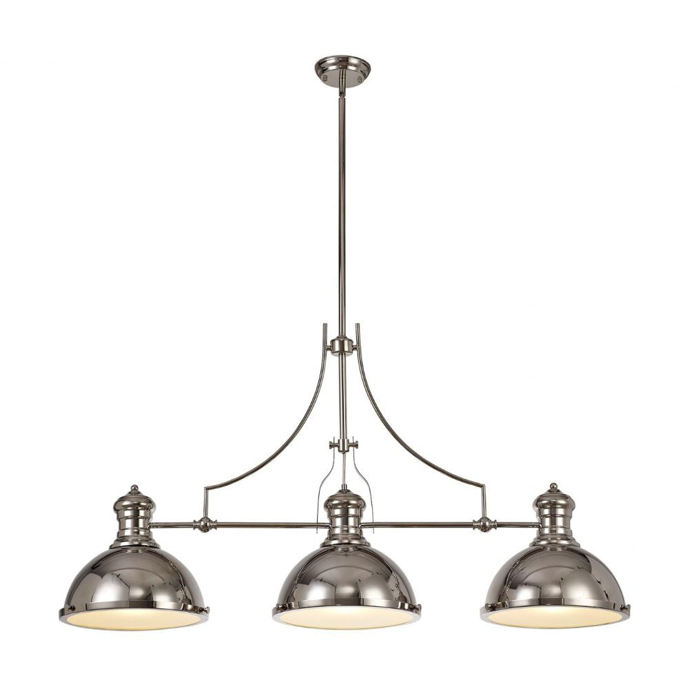 Regent Puteaux Linear 3 Light Pendant Light in Polished Nickel with Frosted Glass