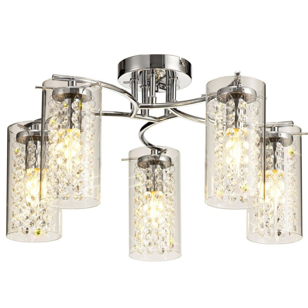 Regent Narbonne 5 Light Semi Flush Ceiling Light in Polished Chrome with Crystal Glass