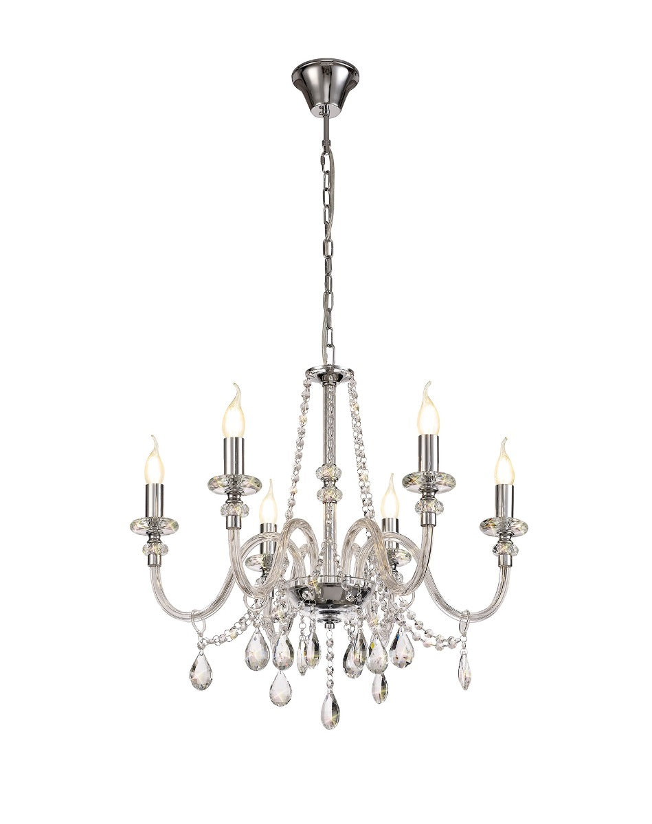 Regent Bastia 6 Light Chandelier in Polished Chrome with Clear Glass Crystal