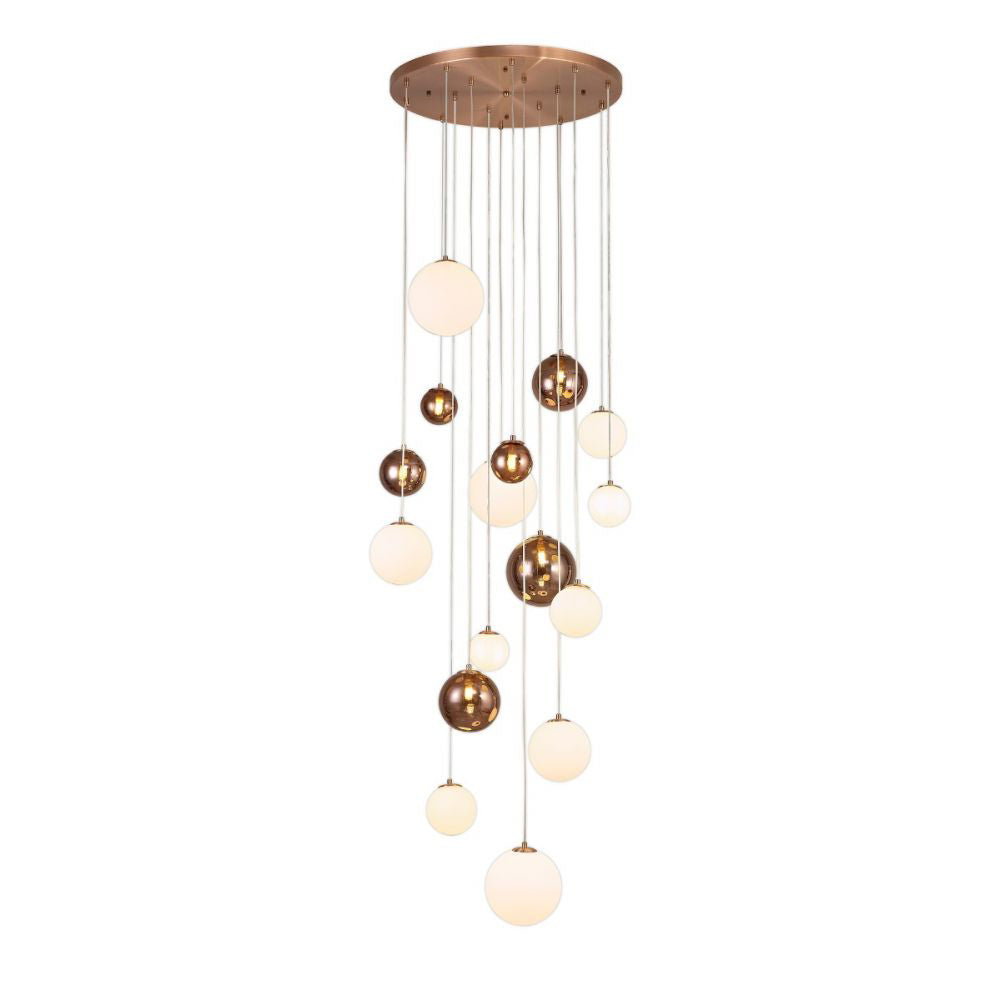 Regent Martinique 16 Light Pendant Light in Antique Copper with Opal & Copper Glass