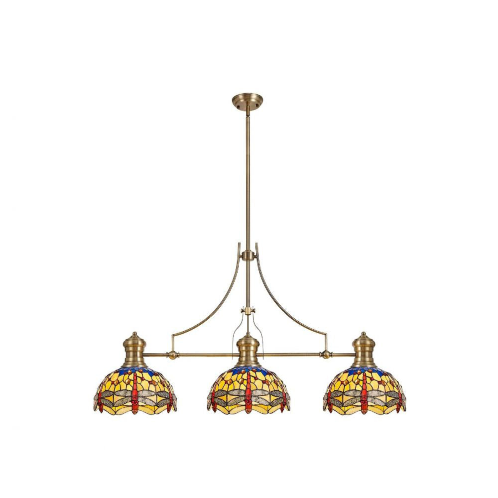 Regent Puteaux 3 Light Linear Tiffany Pendant Light in Antique Brass with Blue and Orange Crystal