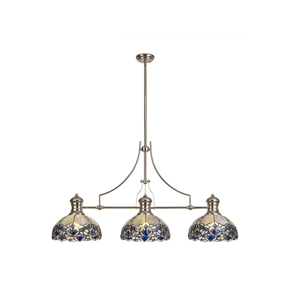 Regent Puteaux 3 Light Linear Tiffany Pendant Light in Polished Nickel with Blue and Clear Crystal