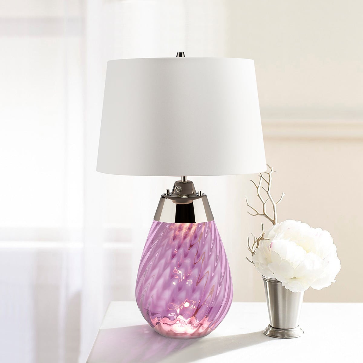 Elstead Lena Small Table Lamp in Plum with Off-White Shade