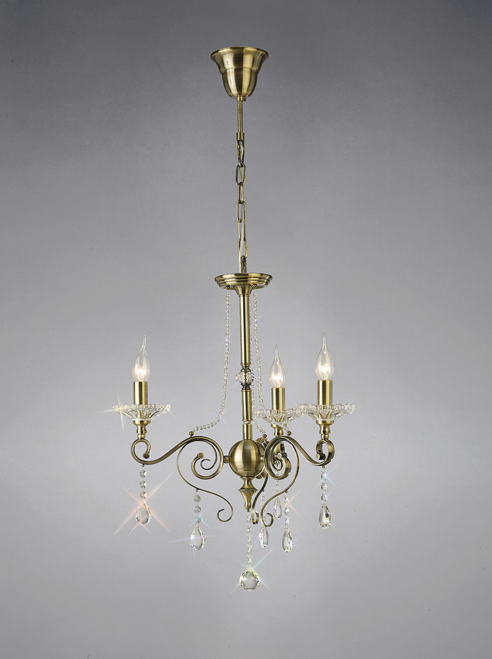 Diyas Libra 3 Light Pendant Light in Antique Brass with Crystal