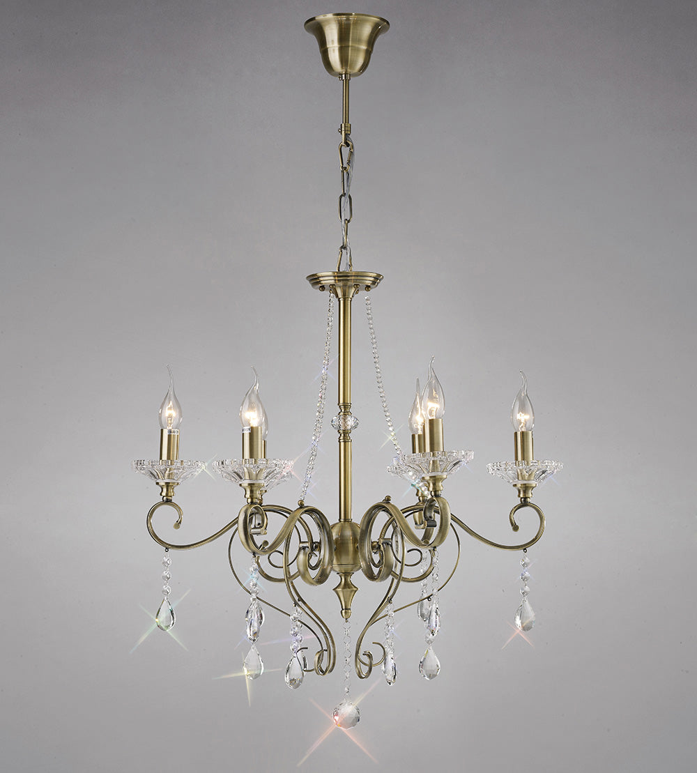 Diyas Libra 6 Light Pendant Light in Antique Brass with Crystal