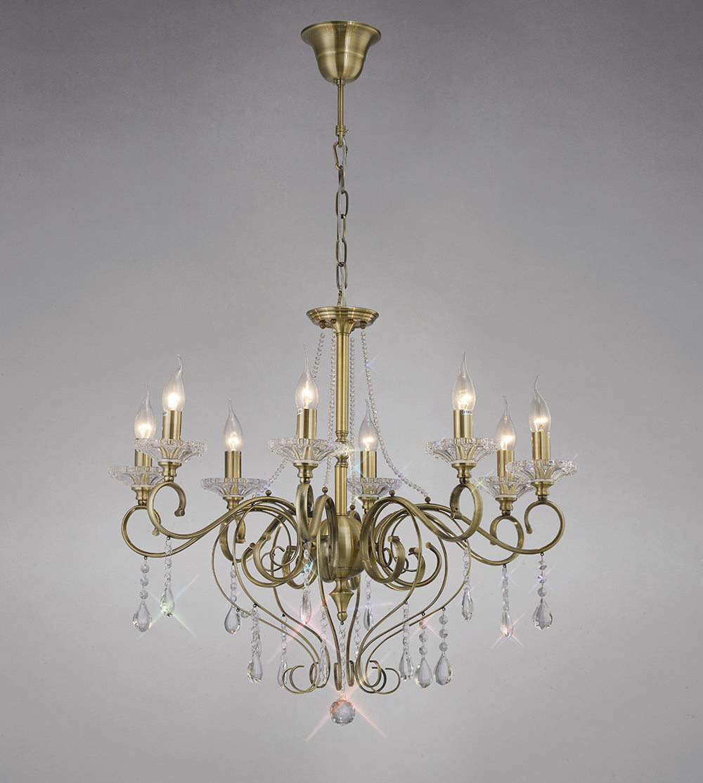 Diyas Libra 8 Light Pendant Light in Antique Brass with Crystal