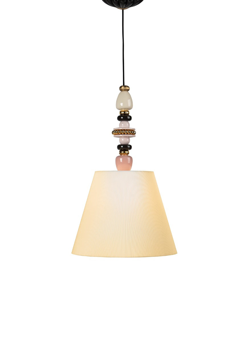 Lladró Firefly Pendant Light in Pink & Gold Porcelain with Fabric Shade