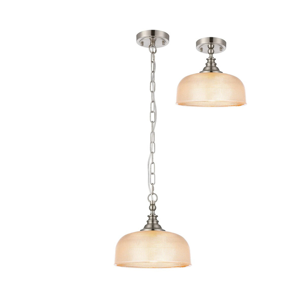 Regent Lourdes Flush Pendant Light 270mm Diameter - Satin Nickel / Amber