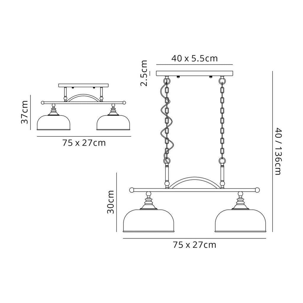 Regent Lourdes 2 Light Semi Flush Pendant Bar 750mm - dimensions