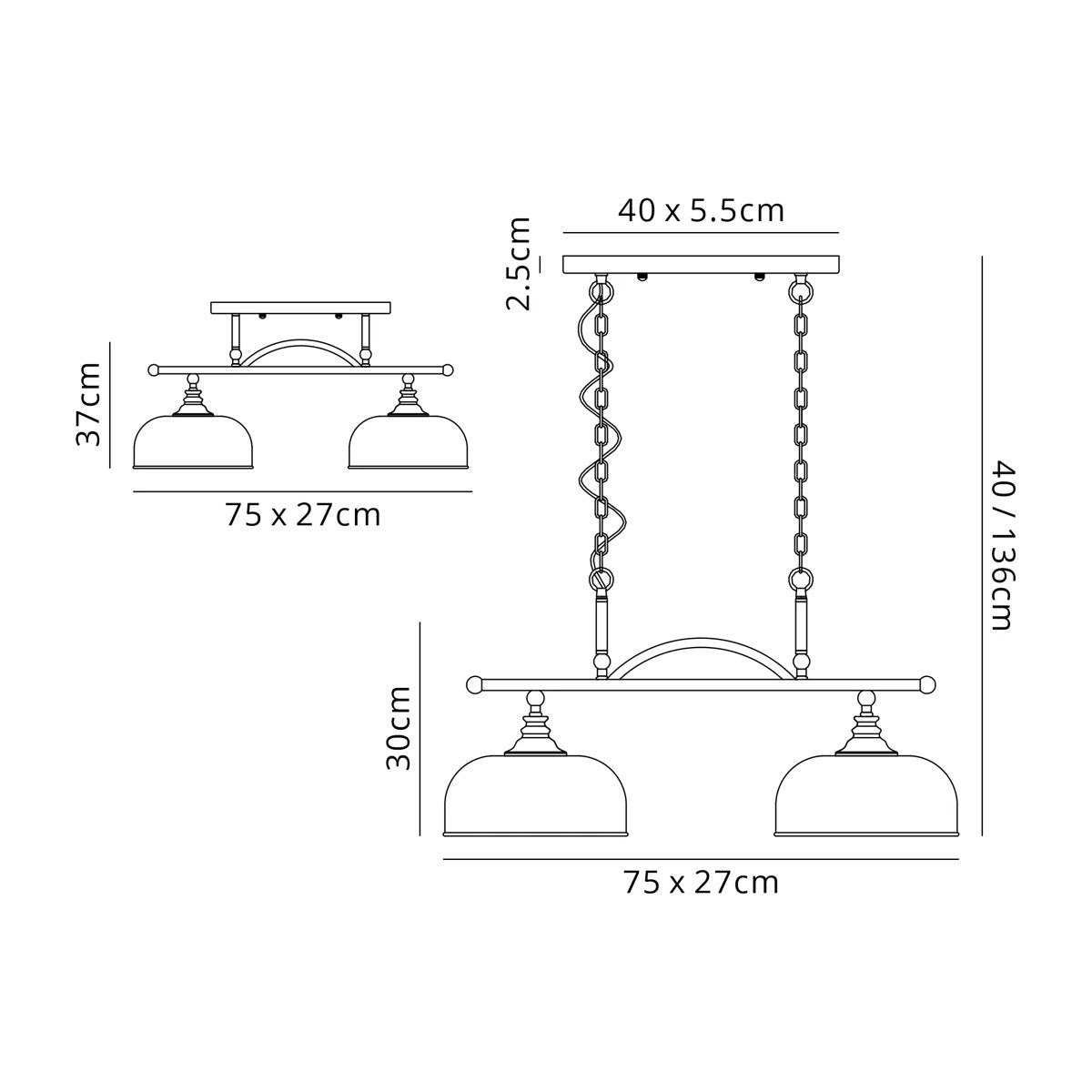 Regent Lourdes 2 Light Semi Flush Pendant Bar 750mm - dimensions