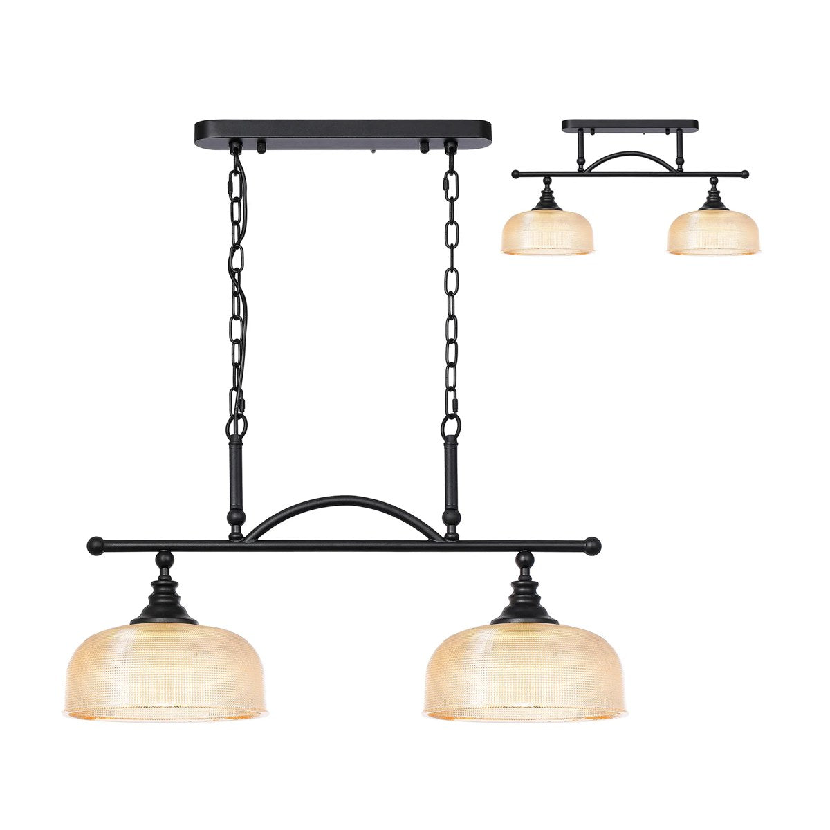 Regent Lourdes 2 Light Semi Flush Pendant Bar 750mm - Satin Black / Amber