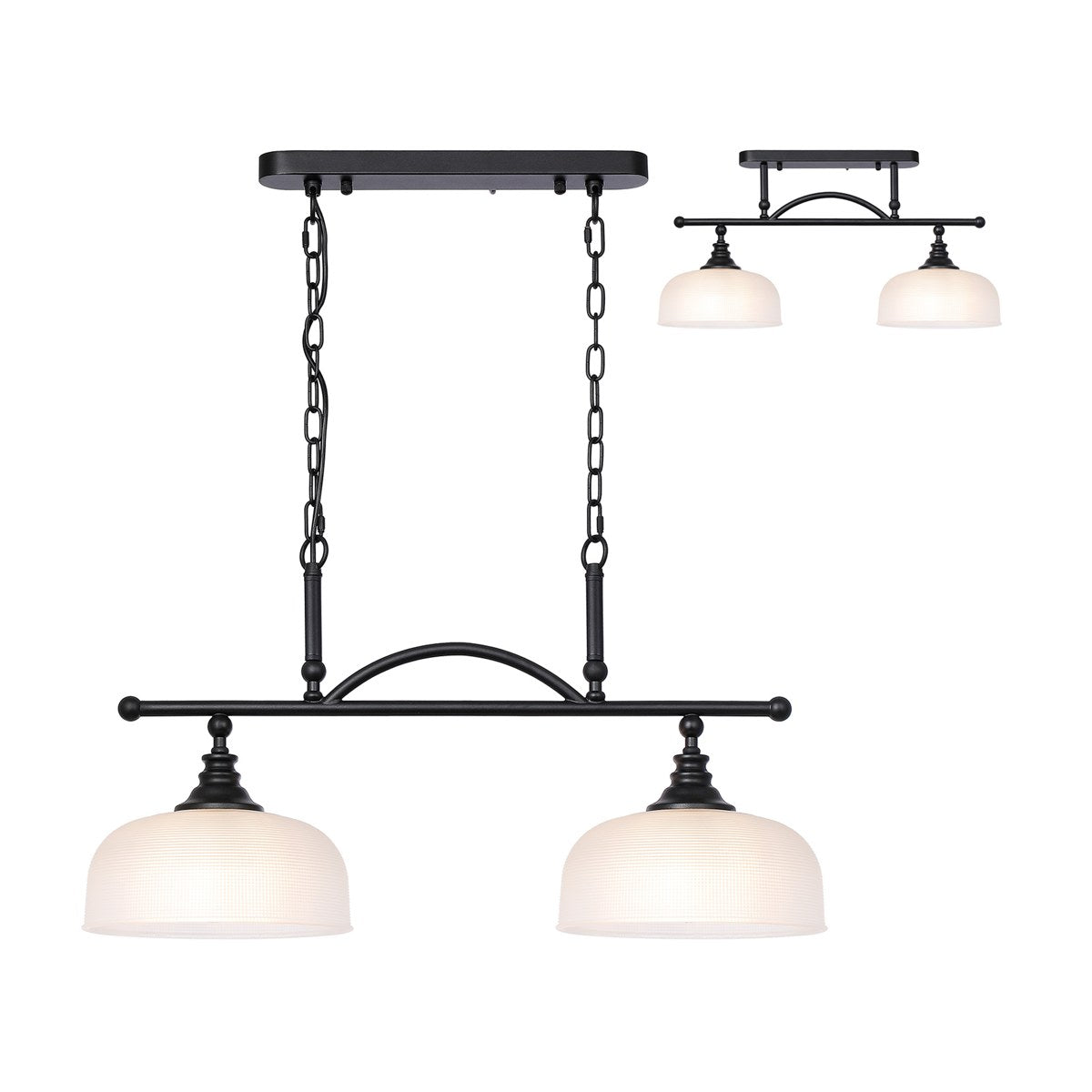 Regent Lourdes 2 Light Semi Flush Pendant Bar 750mm - Satin Black / Frosted