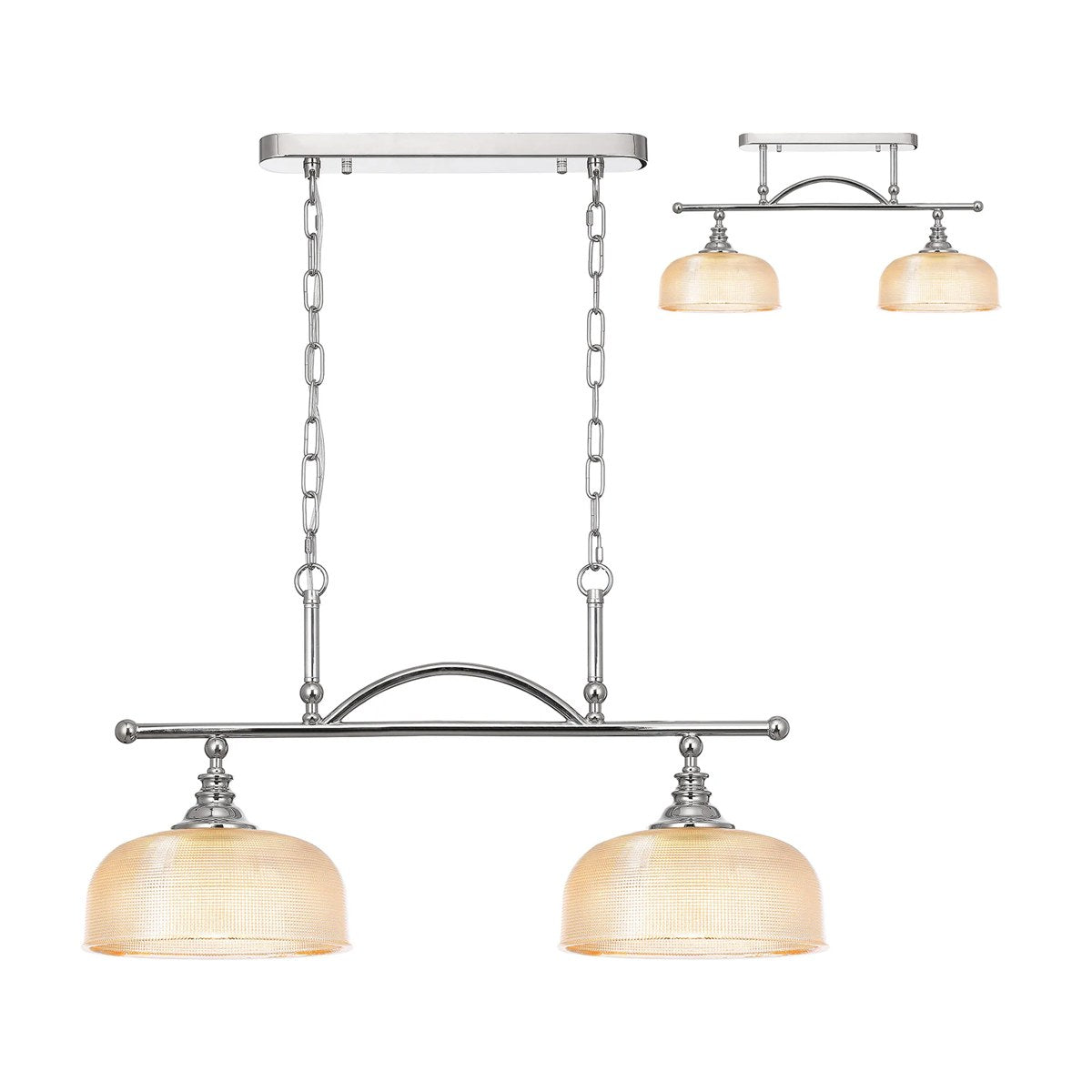 Regent Lourdes 2 Light Semi Flush Pendant Bar 750mm - Polished Nickel / Amber