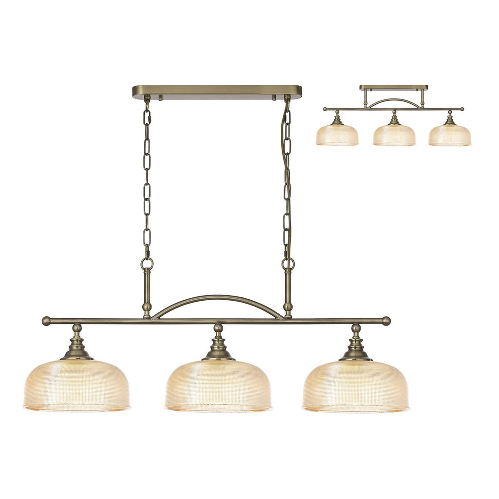 Regent Lourdes 3 Light 990mm Semi Flush / Pendant Bar - Antique Brass / Amber