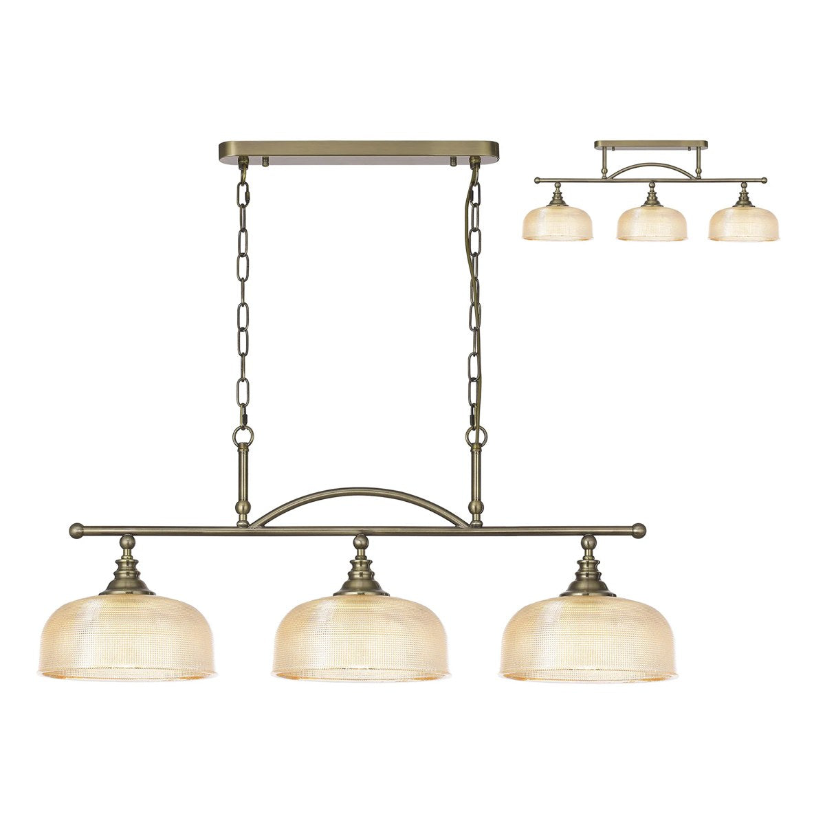 Regent Lourdes 3 Light 990mm Semi Flush / Pendant Bar - Antique Brass / Amber