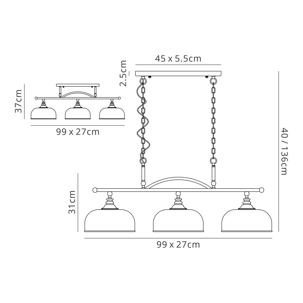 Regent Lourdes 3 Light 990mm Semi Flush / Pendant Bar - dimensions