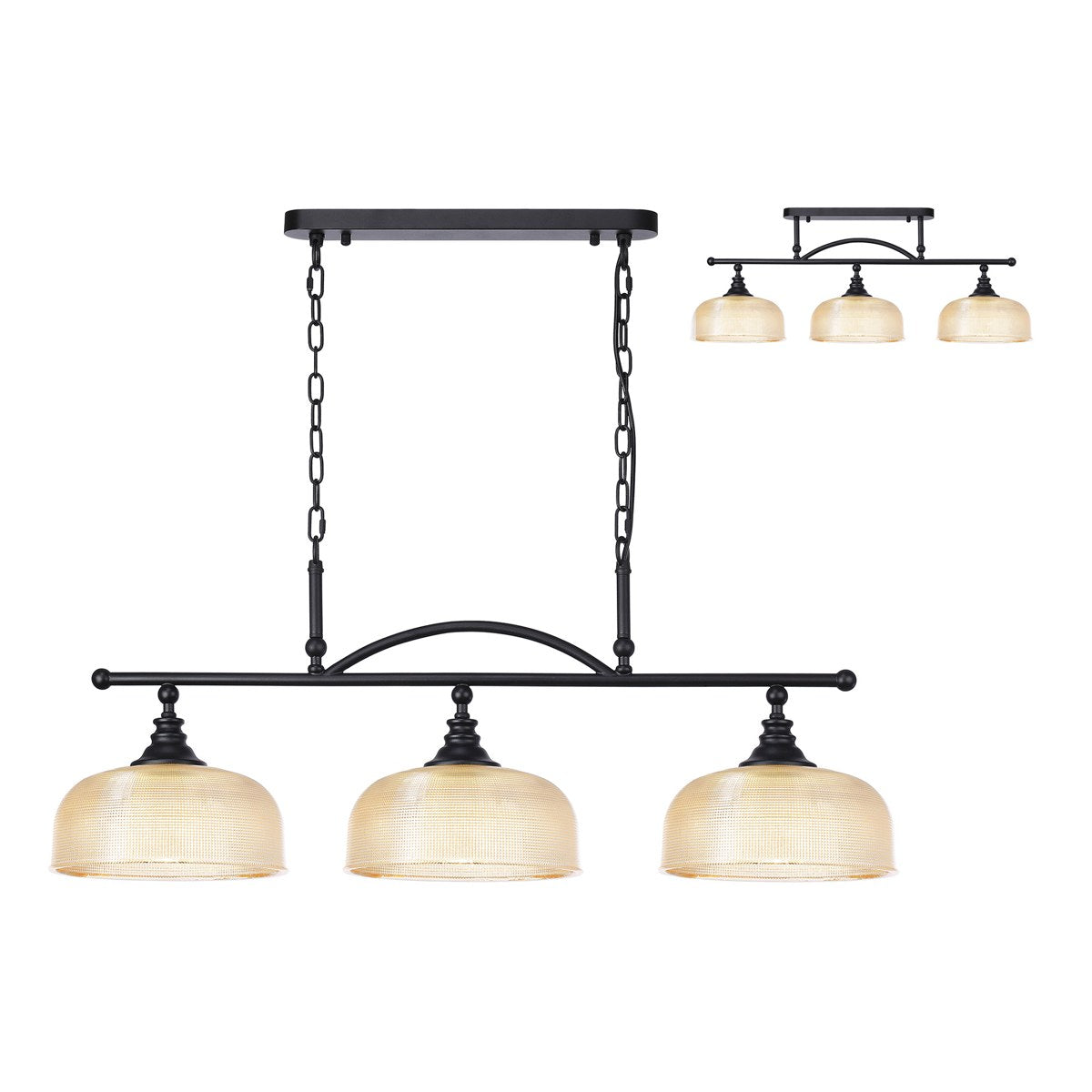 Regent Lourdes 3 Light 990mm Semi Flush / Pendant Bar - Satin Black / Amber
