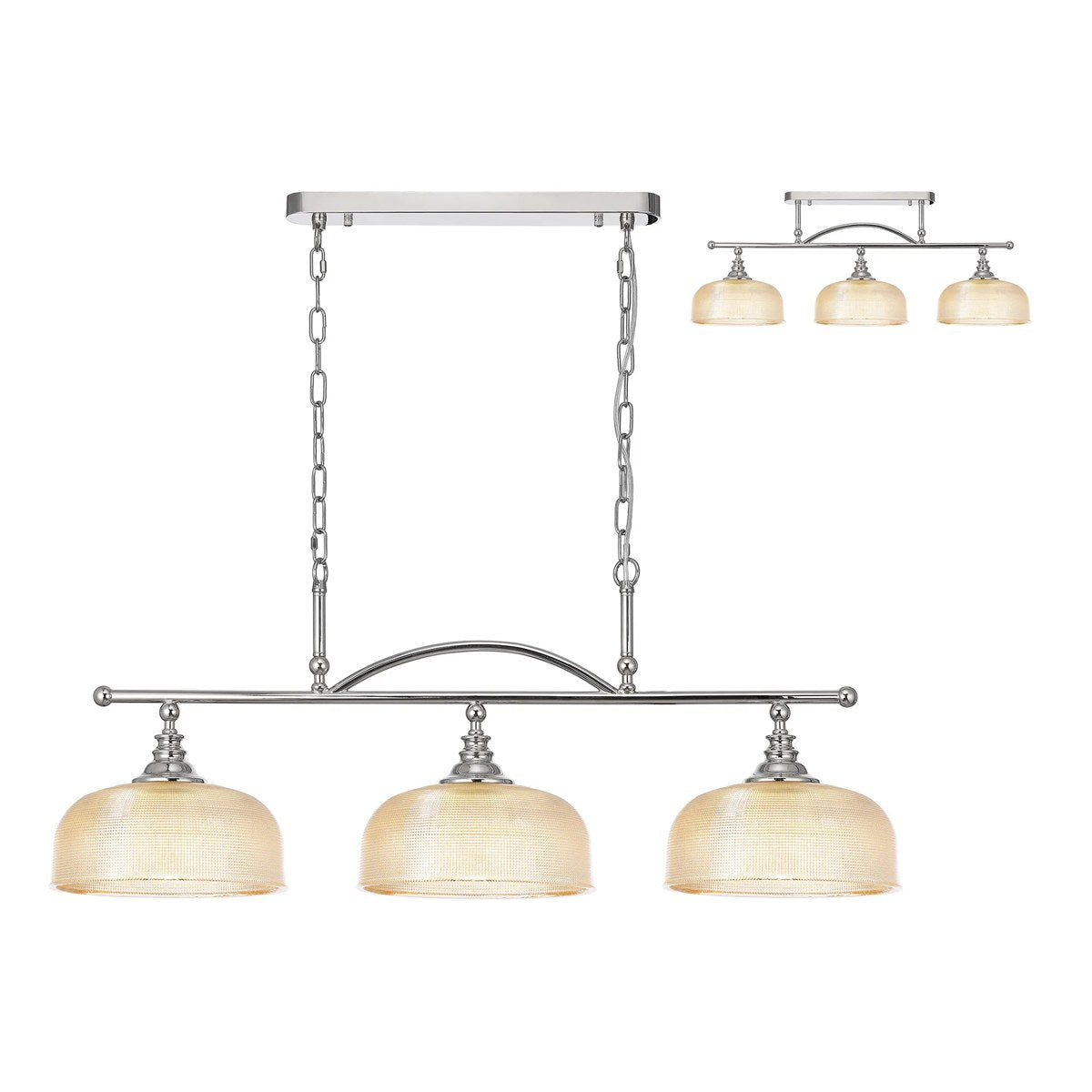 Regent Lourdes 3 Light 990mm Semi Flush / Pendant Bar - Polished Nickel / Amber