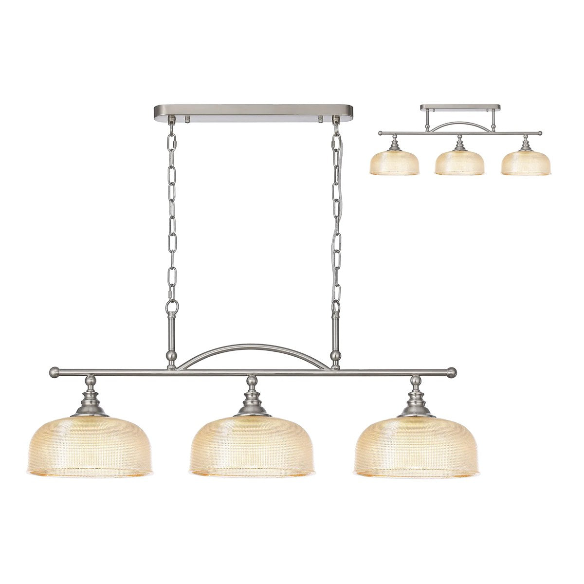 Regent Lourdes 3 Light 990mm Semi Flush / Pendant Bar - Satin Nickel / Amber