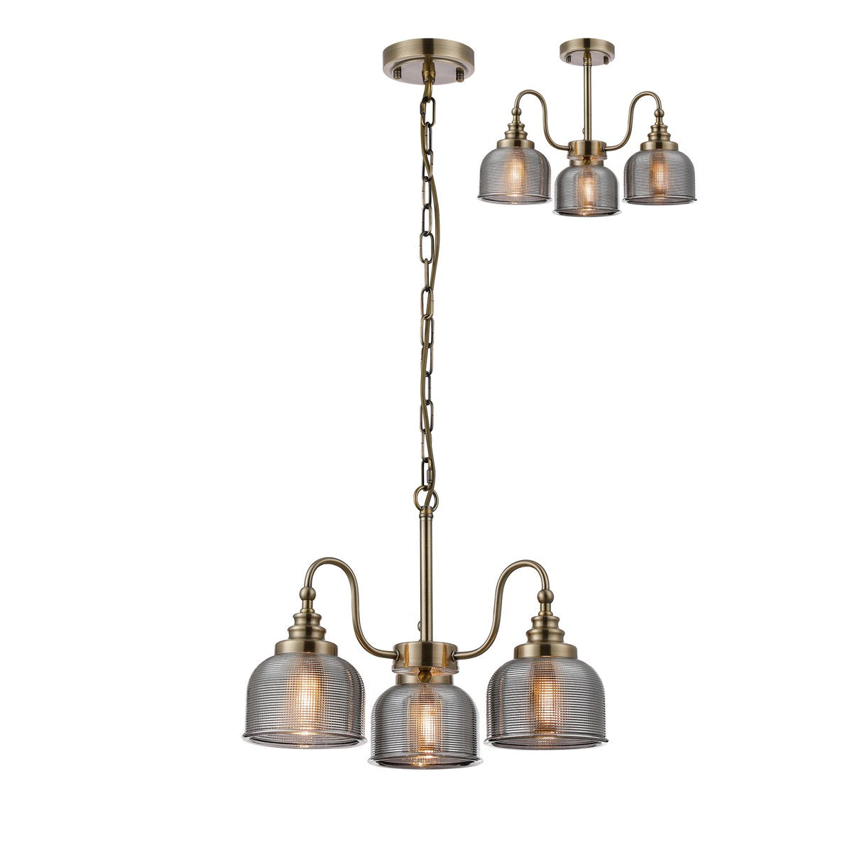 Regent Lourdes 3 Light Semi Flush Pendant 470mm - Antique Brass / Smoke
