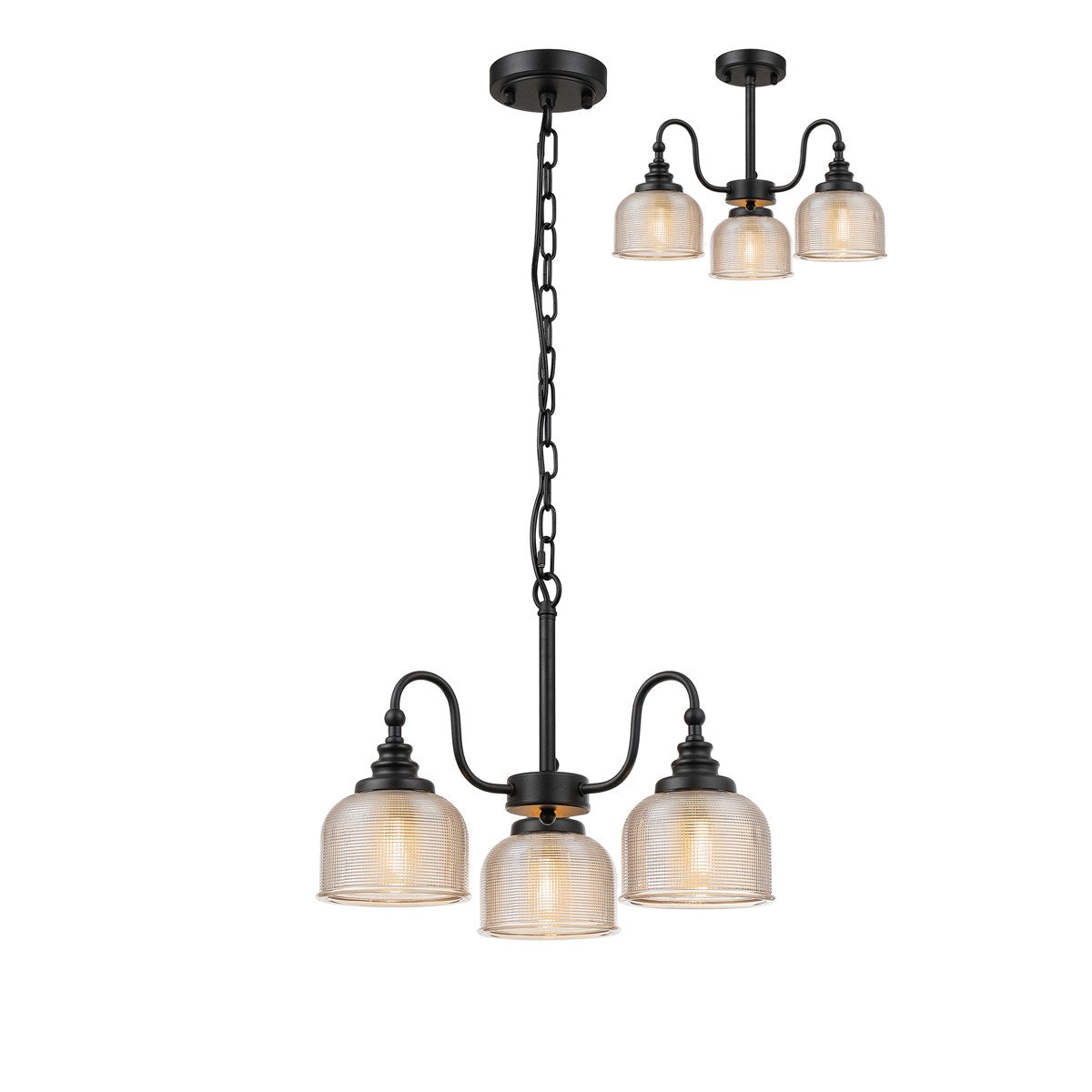 Regent Lourdes 3 Light Semi Flush Pendant 470mm - Satin Black / Amber