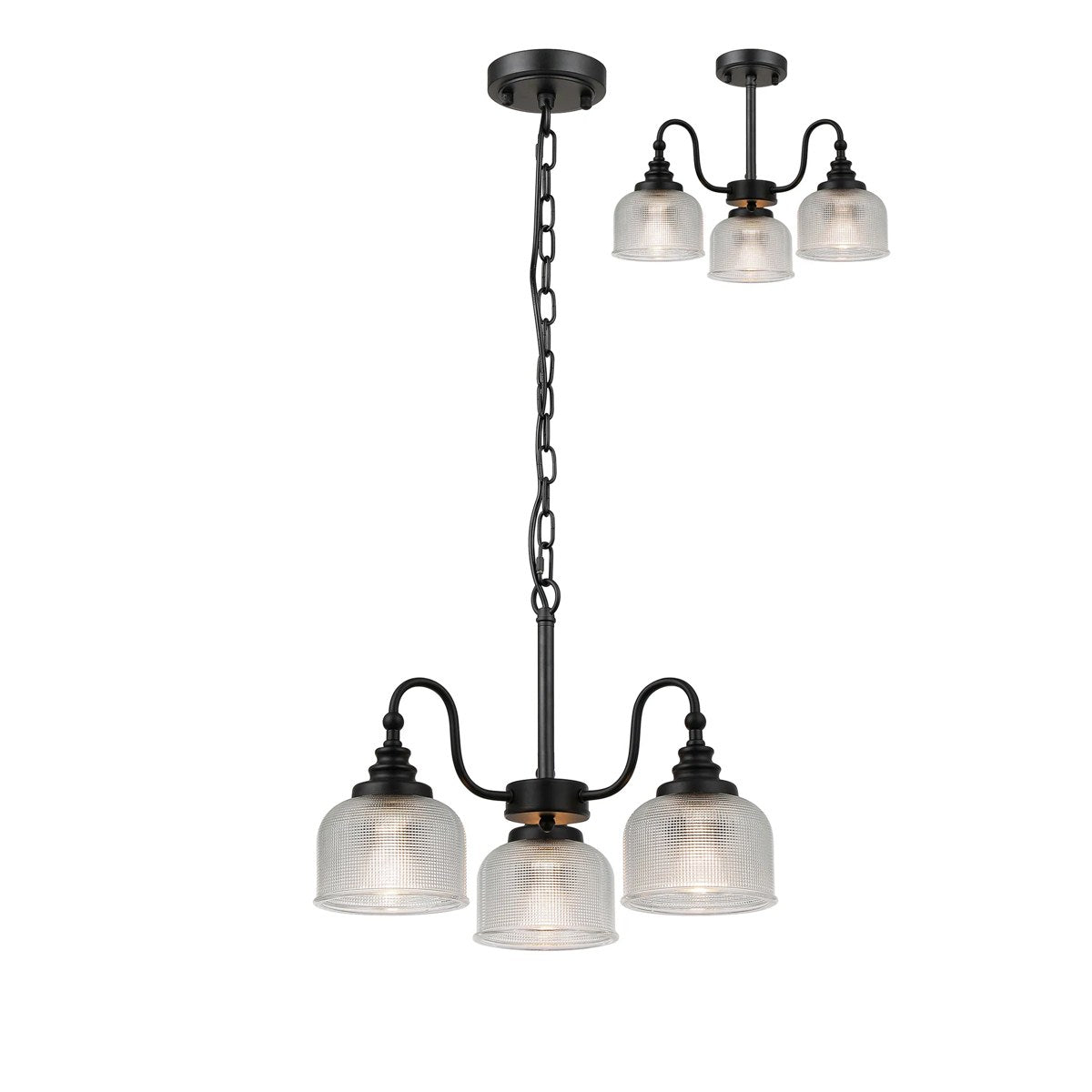 Regent Lourdes 3 Light Semi Flush Pendant 470mm - Satin Black / Clear