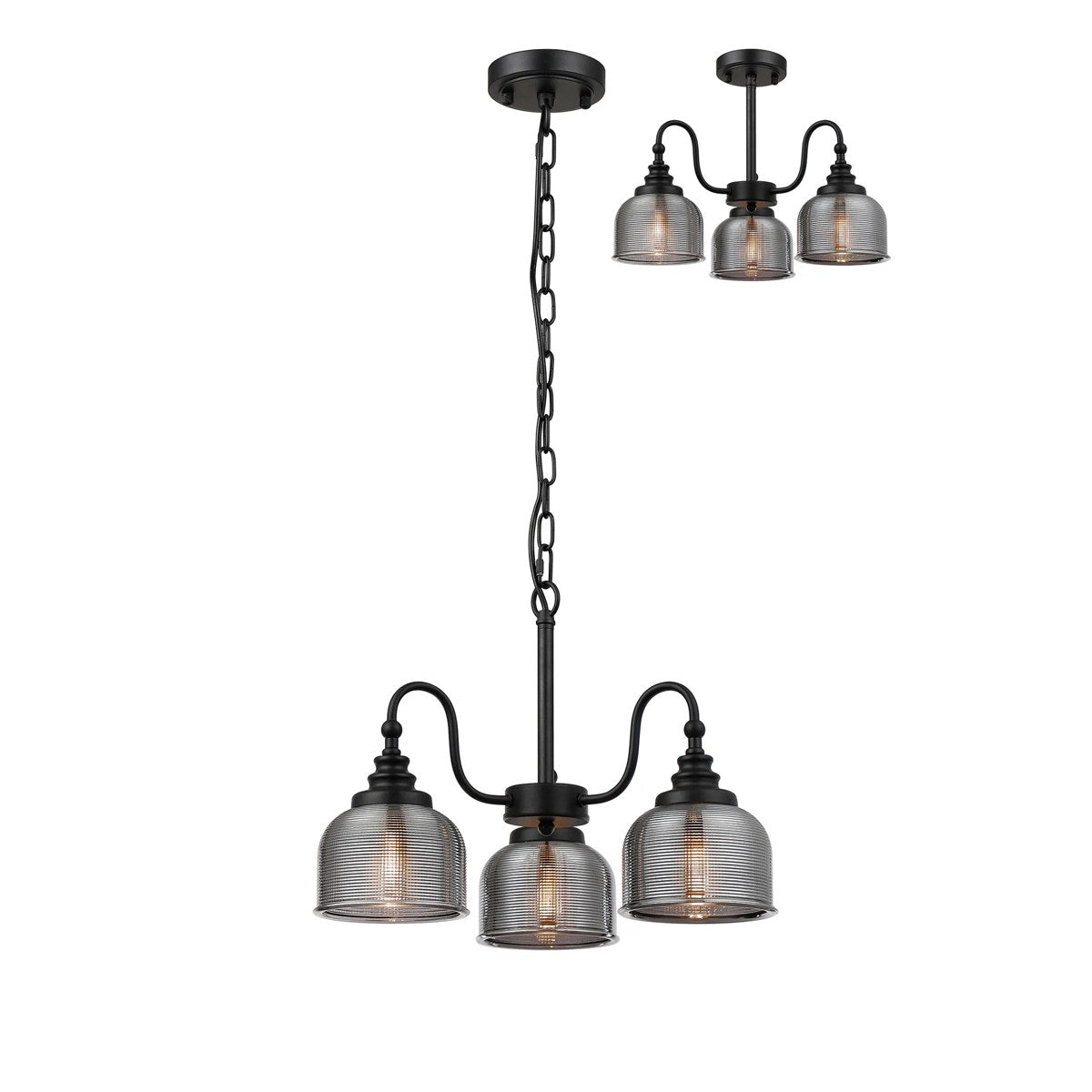 Regent Lourdes 3 Light Semi Flush Pendant 470mm - Satin Black / Smoke