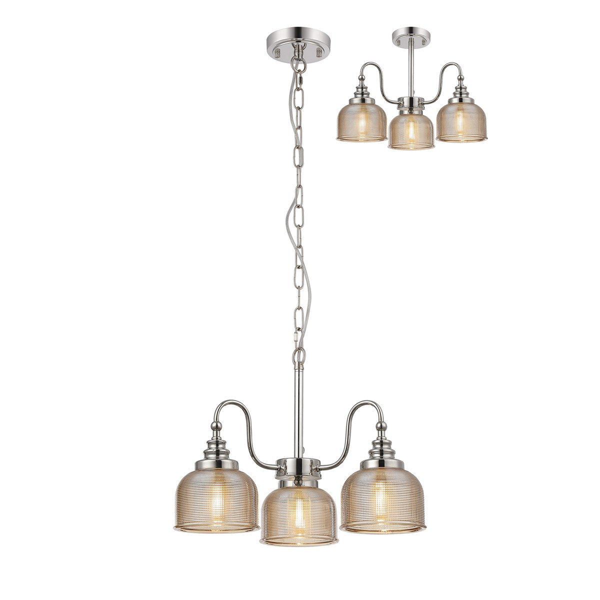 Regent Lourdes 3 Light Semi Flush Pendant 470mm - Polished Nickel / Amber