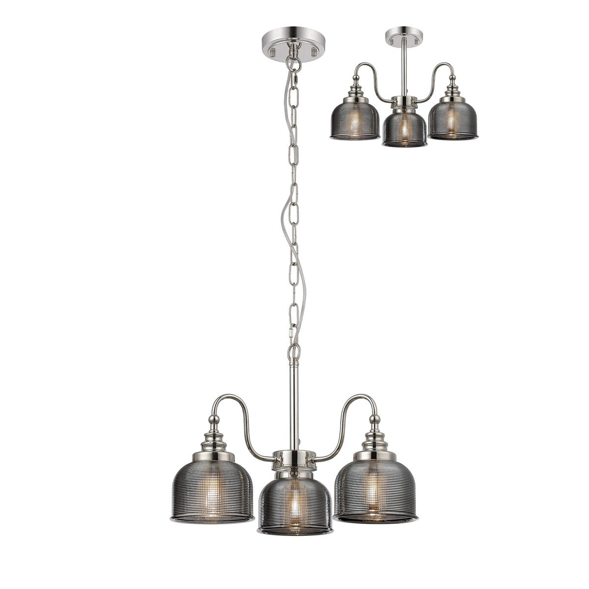 Regent Lourdes 3 Light Semi Flush Pendant 470mm - Polished Nickel / Smoke