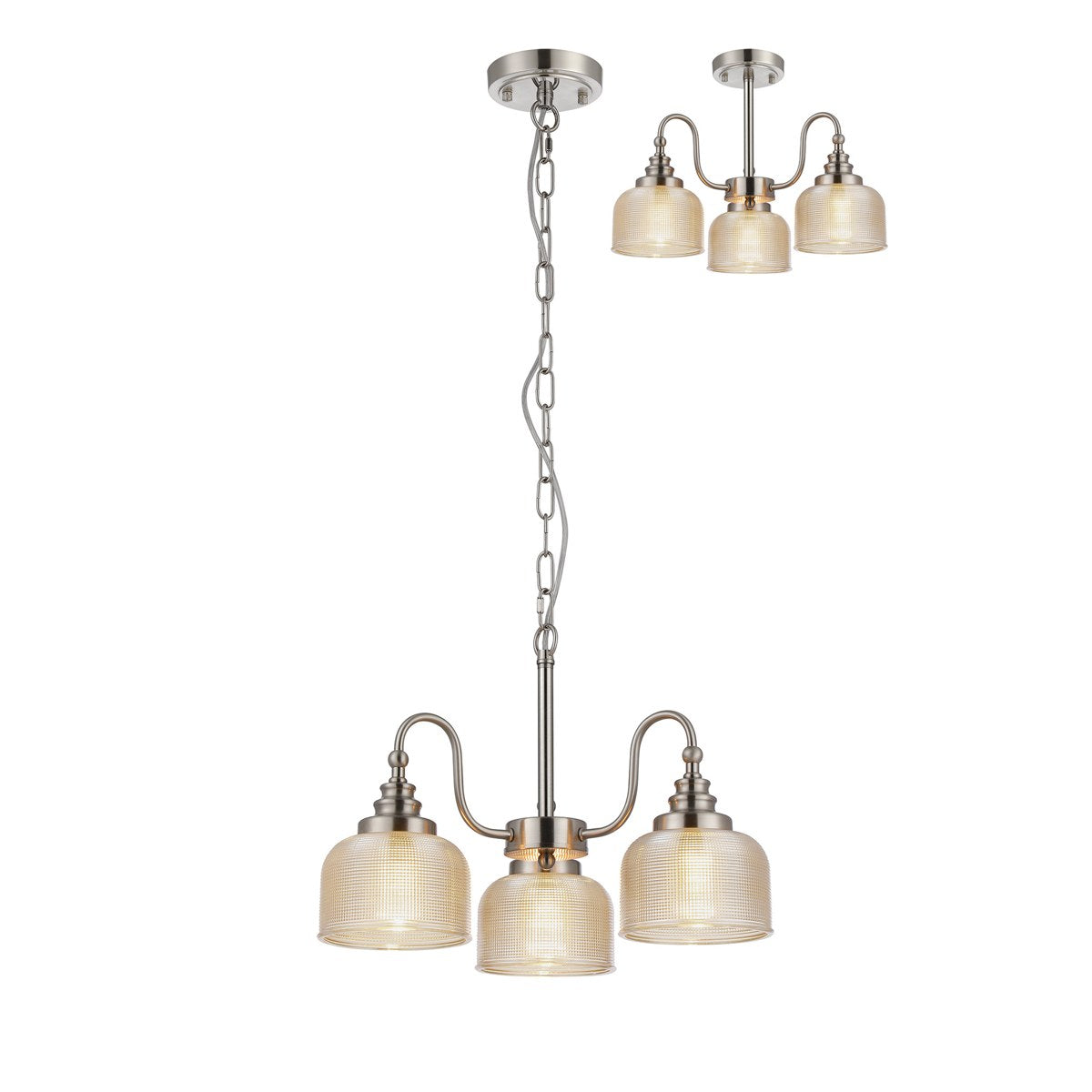 Regent Lourdes 3 Light Semi Flush Pendant 470mm - Satin Nickel / Amber