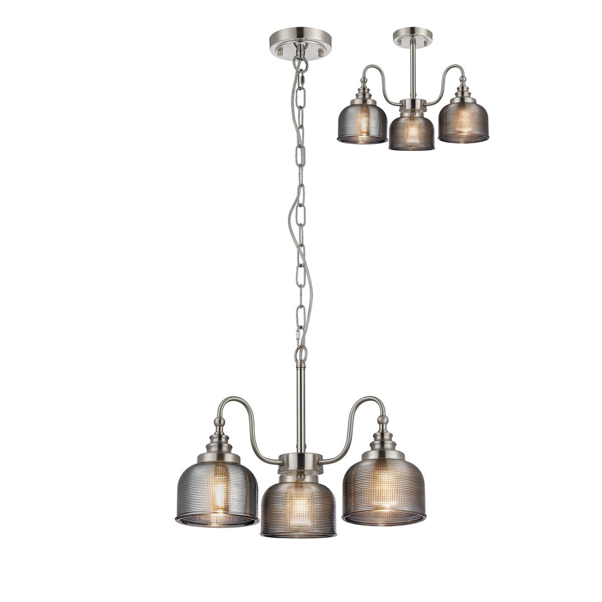 Regent Lourdes 3 Light Semi Flush Pendant 470mm - Satin Nickel / Smoke