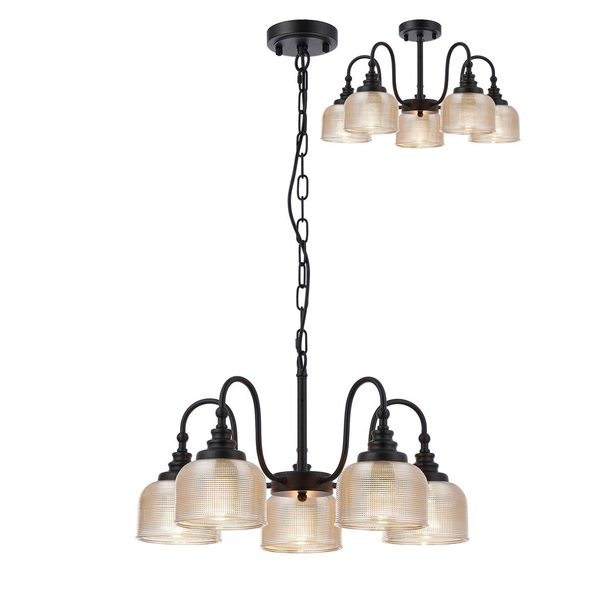 Regent Lourdes 5 Light 570mm Semi Flush Pendant Light - Satin Black / Amber