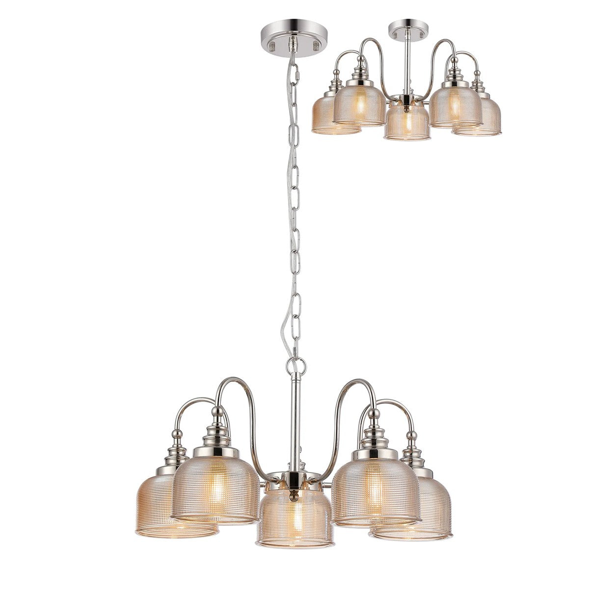 Regent Lourdes 5 Light 570mm Semi Flush Pendant Light - Polished Nickel / Amber