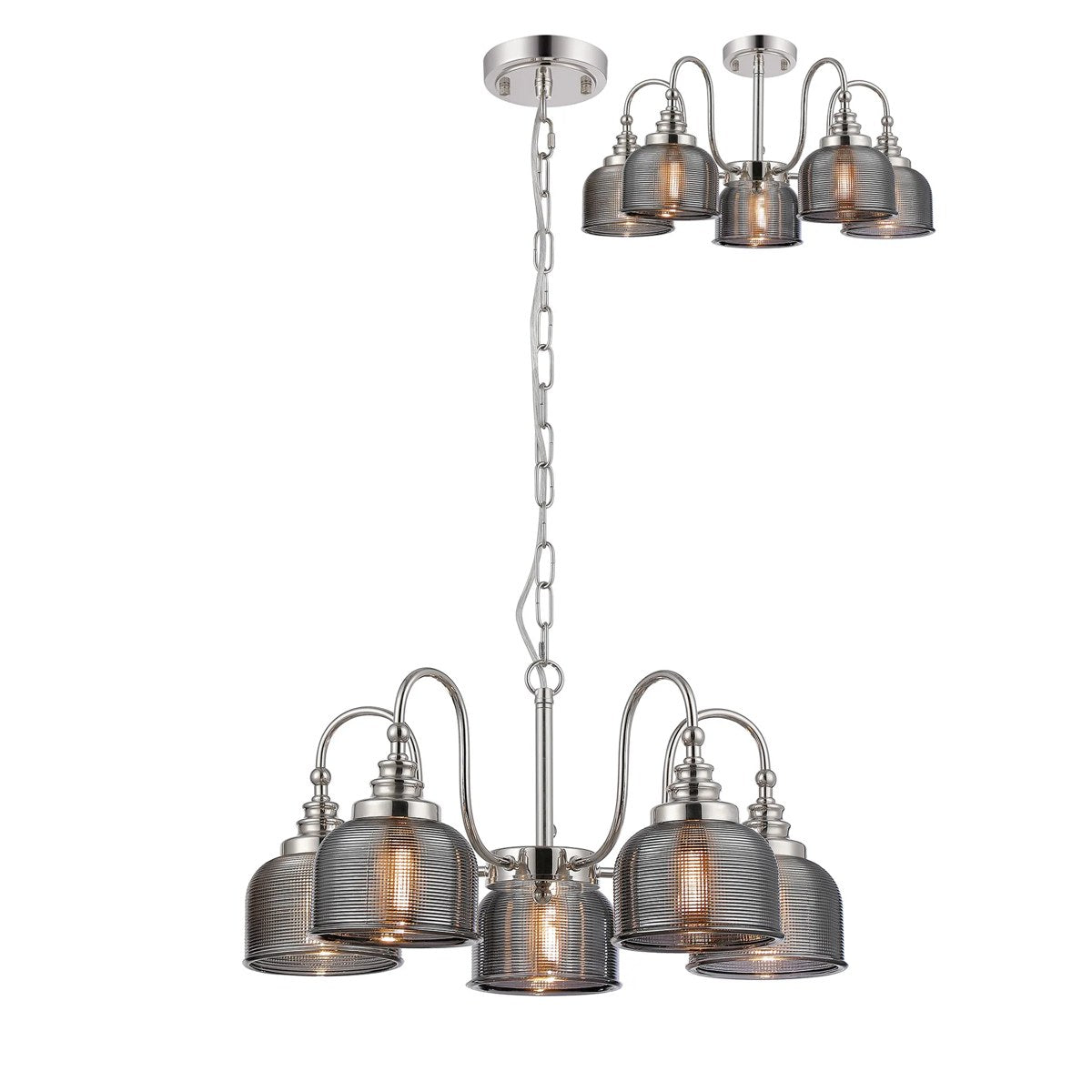 Regent Lourdes 5 Light 570mm Semi Flush Pendant Light - Polished Nickel / Smoke