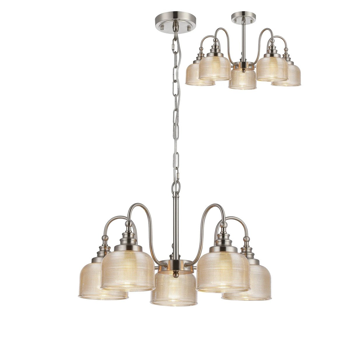 Regent Lourdes 5 Light 570mm Semi Flush Pendant Light - Satin Nickel / Amber