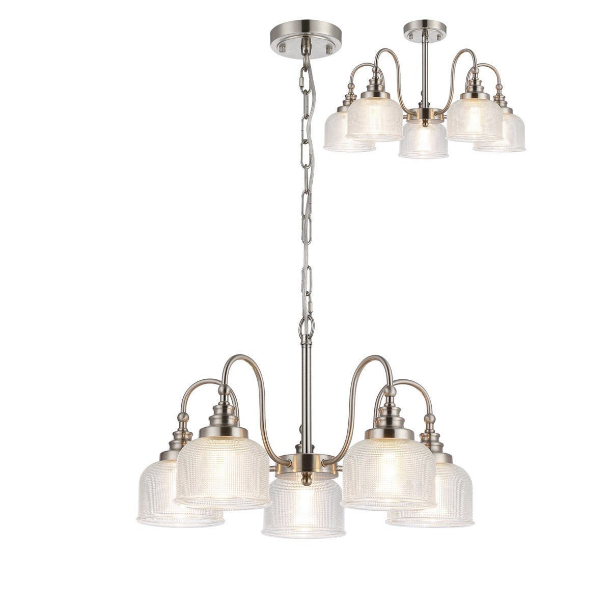 Regent Lourdes 5 Light 570mm Semi Flush Pendant Light - Satin Nickel / Clear