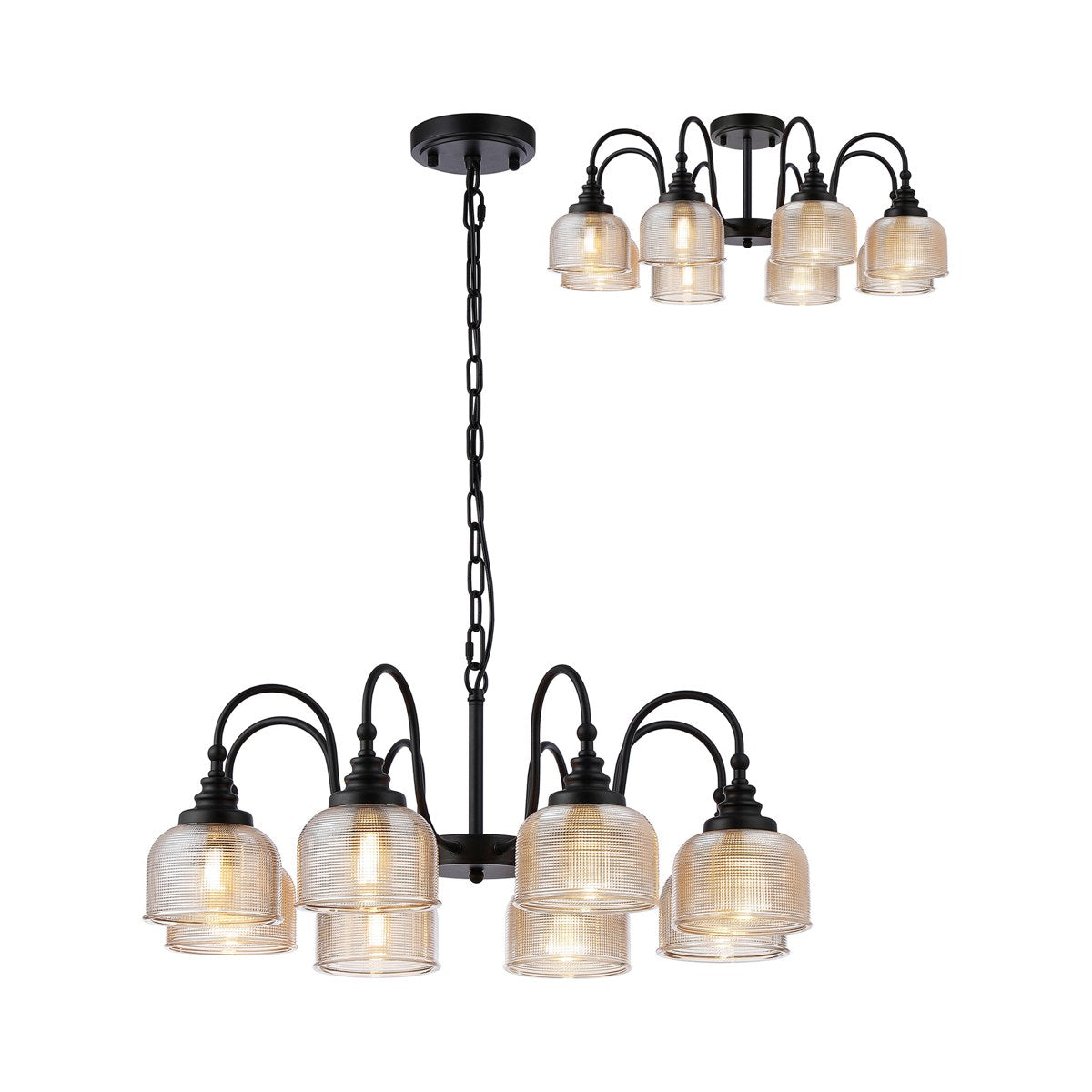 Regent Lourdes 8 Light 730mm Semi Flush Pendant Light - Satin Black / Amber
