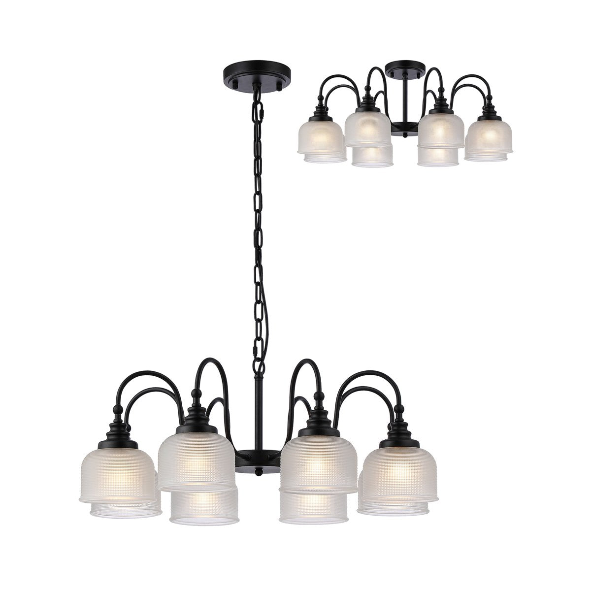 Regent Lourdes 8 Light 730mm Semi Flush Pendant Light - Satin Black / Frosted