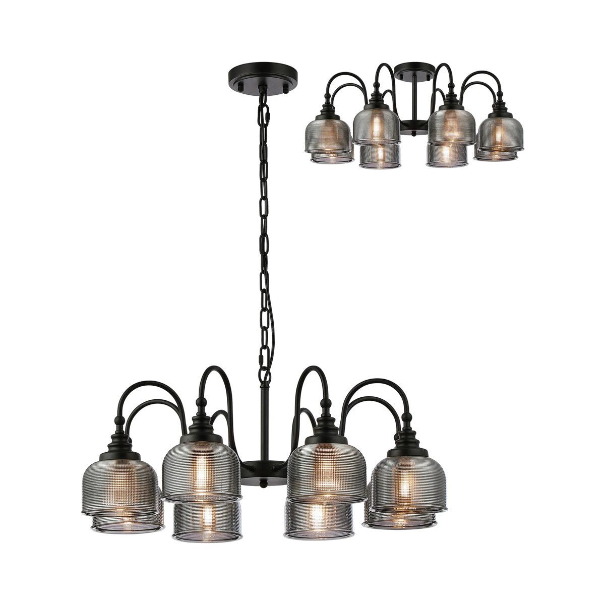Regent Lourdes 8 Light 730mm Semi Flush Pendant Light - Satin Black / Smoke