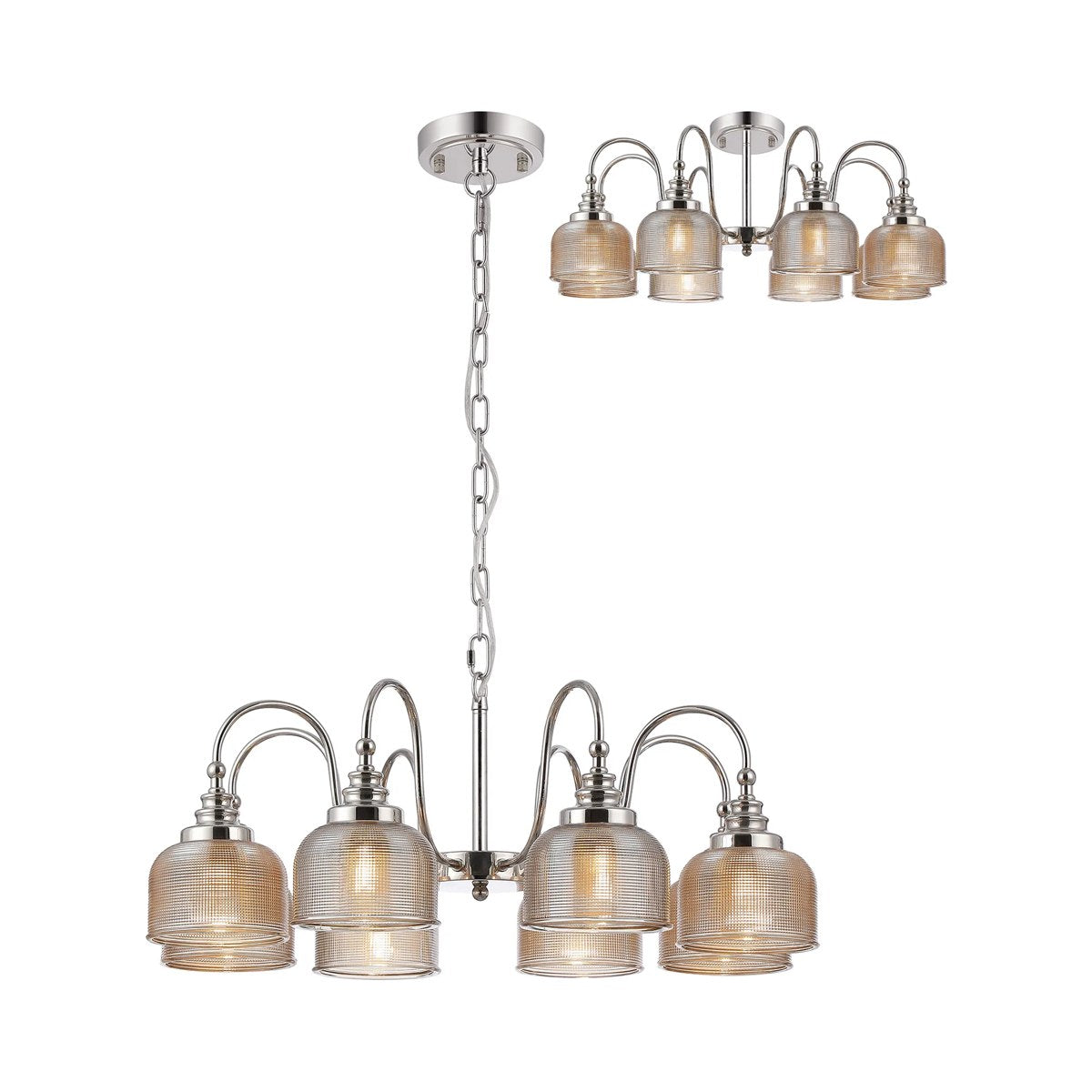 Regent Lourdes 8 Light 730mm Semi Flush Pendant Light - Polished Nickel / Amber
