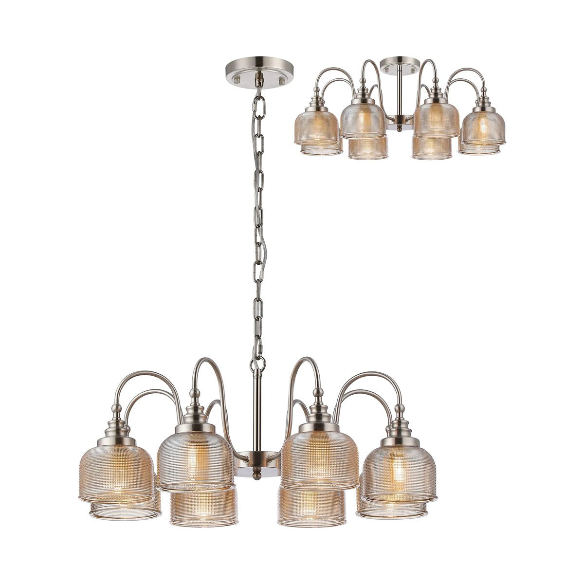Regent Lourdes 8 Light 730mm Semi Flush Pendant Light - Satin Nickel / Amber