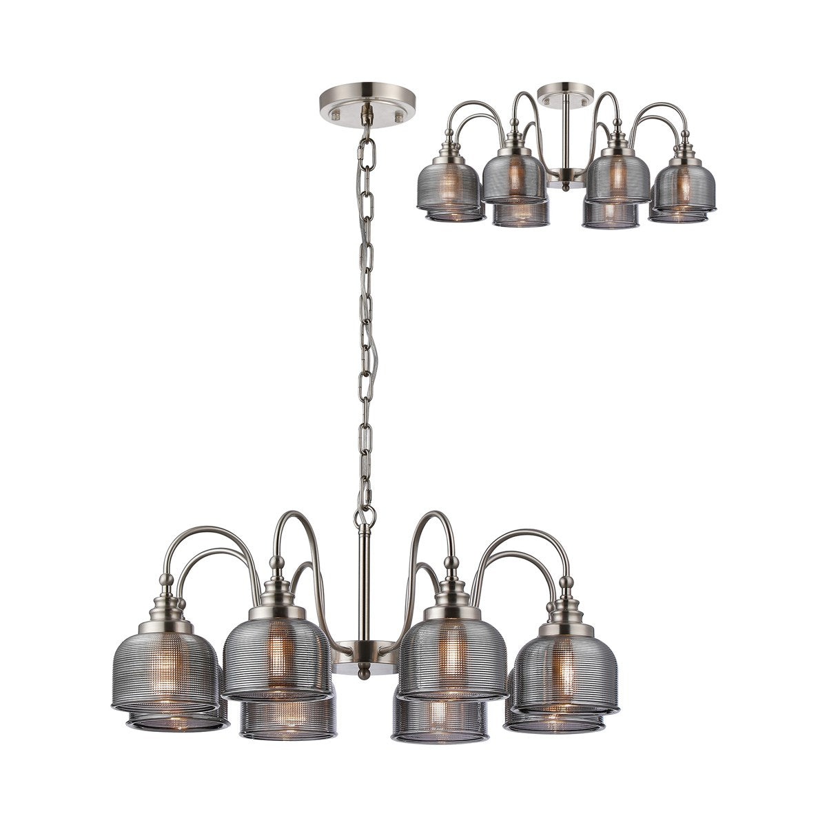Regent Lourdes 8 Light 730mm Semi Flush Pendant Light - Satin Nickel / Smoke