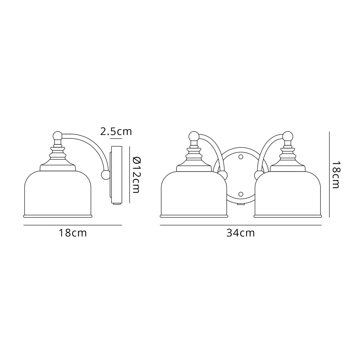Regent Lourdes 2 Light Switched Double Wall Light 340mm - dimensions