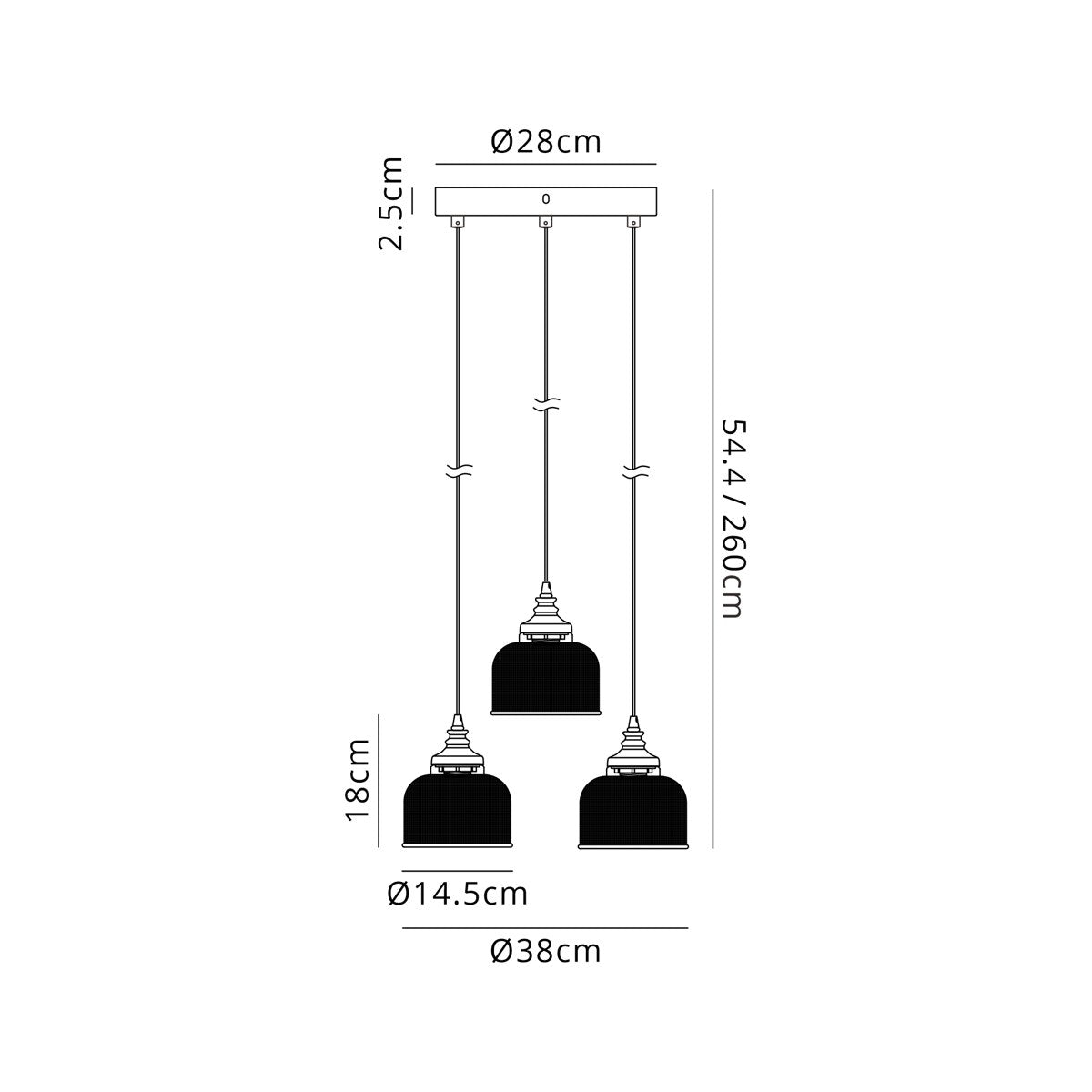 Regent Lourdes 3 Light 280mm Round Pendant Light - dimensions